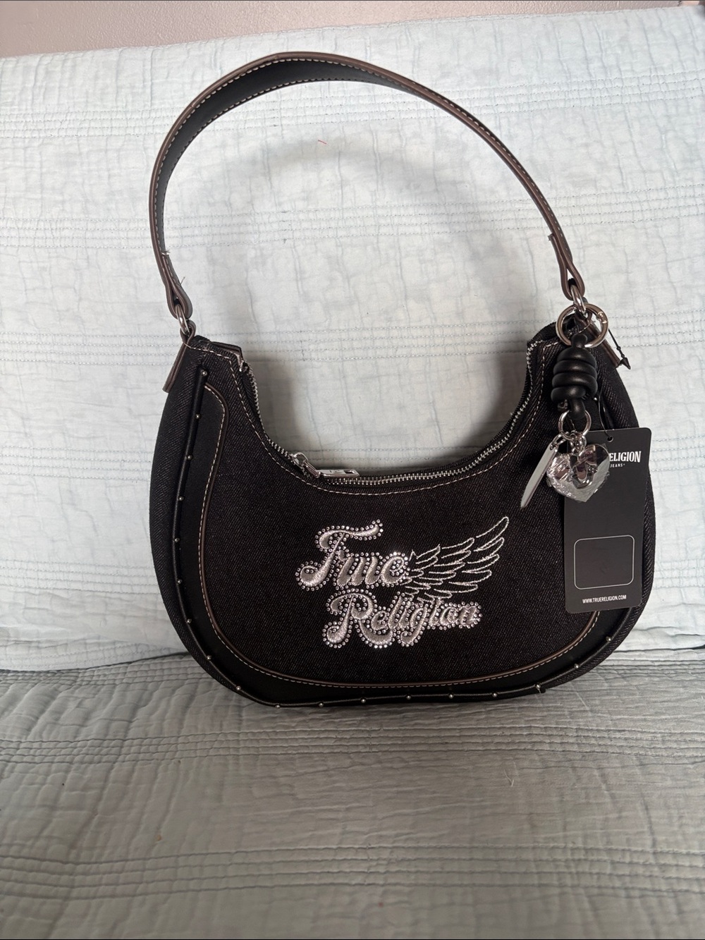 True Religion Black Rhinestone Wing Logo Shoulder Bag with Charm